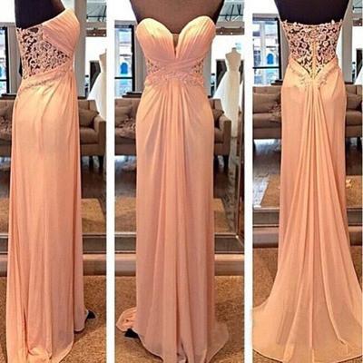 Lace See Through Blush Pink Sweetheart Strapless Open Back A-Line Long Prom Dresses WK987