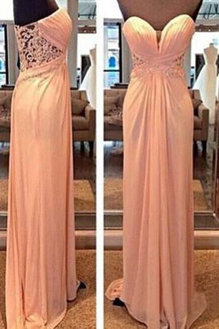 Lace See Through Blush Pink Sweetheart Strapless Open Back A-Line Long Prom Dresses WK987
