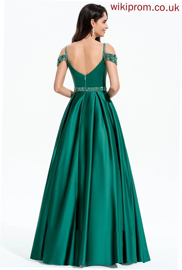 With Beading Sequins Ball-Gown/Princess Satin Floor-Length Hortensia Prom Dresses V-neck