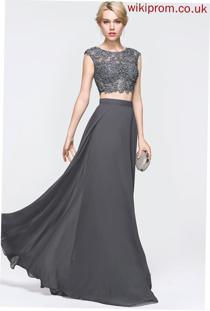 Beading Prom Dresses With Neck Tiara Floor-Length Scoop Sequins A-Line Chiffon