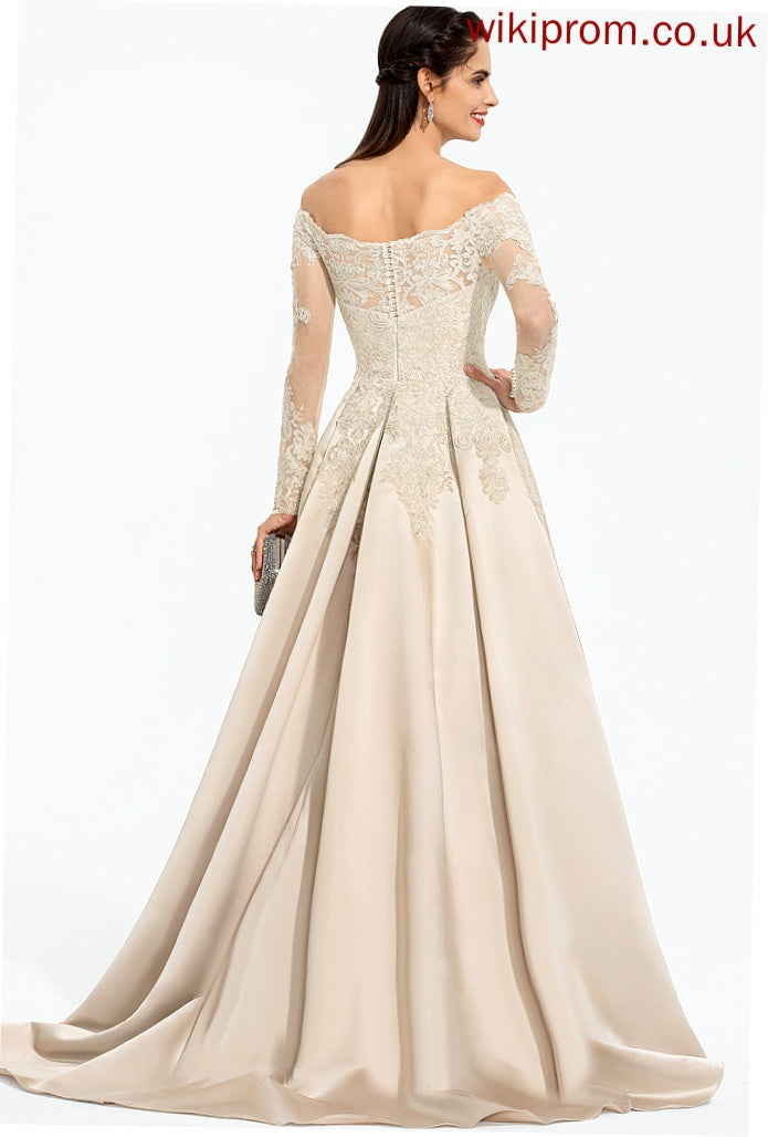 Prom Dresses With Ball-Gown/Princess Sequins Marissa Satin Lace Off-the-Shoulder Train Sweep