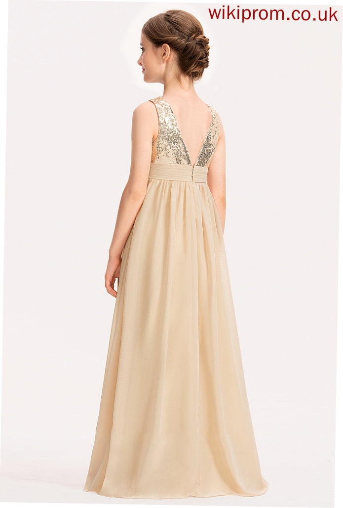 Chiffon With A-Line Ruffle Junior Bridesmaid Dresses V-neck Sequined Floor-Length Jayla