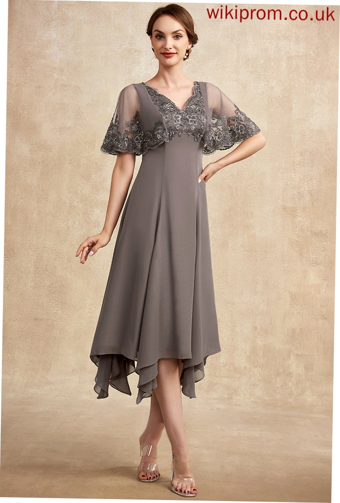 Chiffon Dress Lace Beading With Mother Mother of the Bride Dresses the A-Line V-neck Nathalia Bride Tea-Length Sequins of