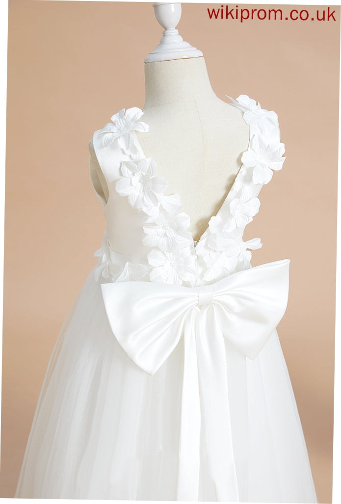 Flower(s)/Bow(s) Girl Satin/Tulle Neck Scoop Dress With A-Line Flower Girl Dresses Floor-length Sleeveless Flower Lacey -