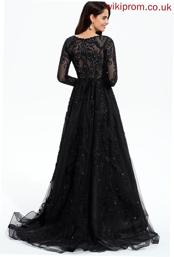 Train With Lace Gabrielle Prom Dresses Ball-Gown/Princess Sweep Tulle V-neck Sequins