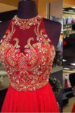 A-Line Halter Sleeveless Open Back Chiffon Red Beaded Long Rhinestone Prom Dresses WK947
