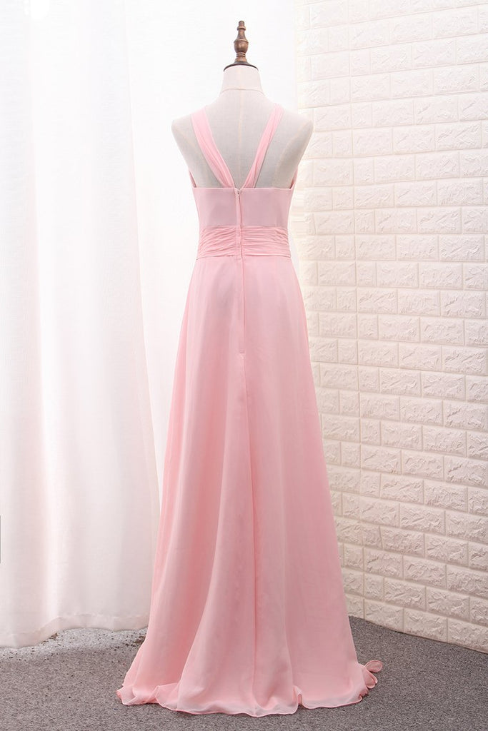 Scoop A Line Chiffon Bridesmaid Dresses With Ruffles And Slit Floor Length