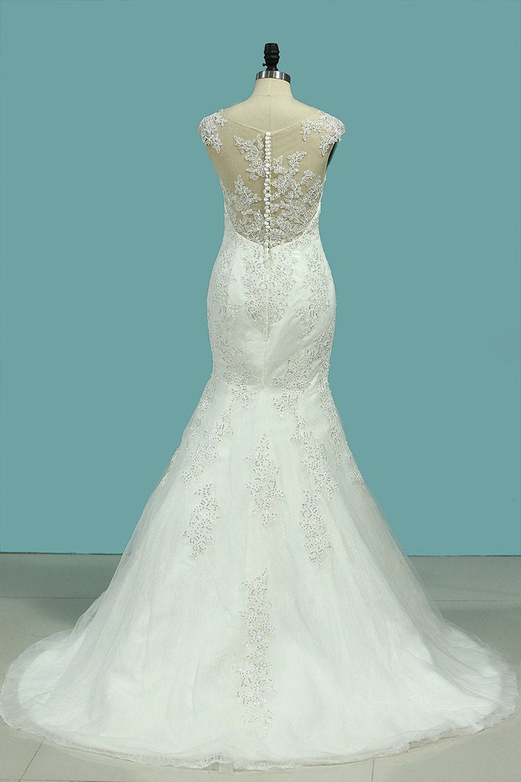 Mermaid Wedding Dresses Tulle Scoop With Applique And Beads Court Train