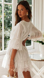 A Line Long Sleeve White Simple Lace Short Sexy Criss Cross Above Knee Homecoming Dress WK783