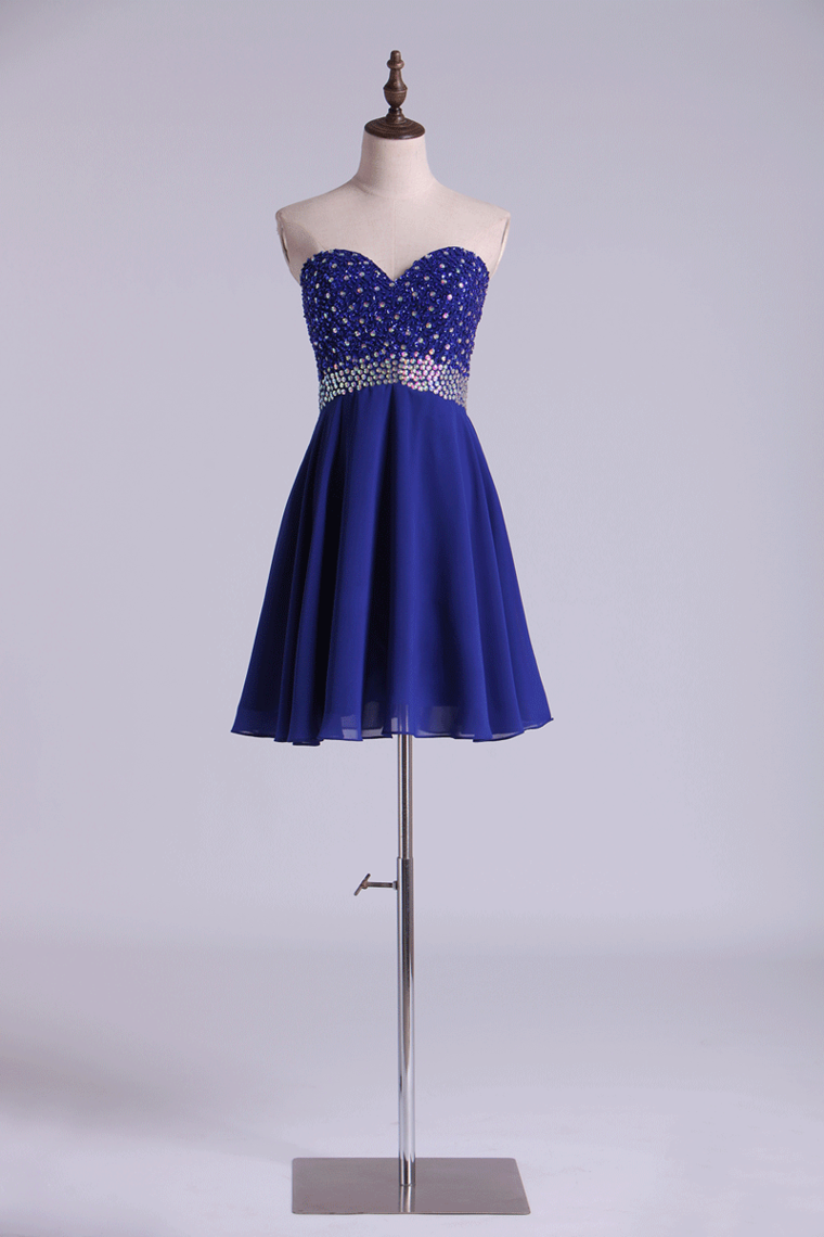 2024 A Line Homecoming Dresses Dark Royal Blue Chiffon Mini With Beading