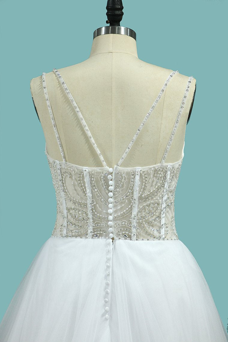 A Line Spaghetti Straps Wedding Dresses Beaded Bodice Tulle Court Train