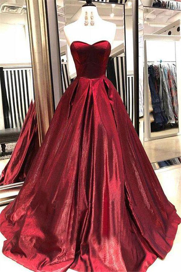 Unique A Line Burgundy Sweetheart Strapless Satin Prom Dresses, Simple Party Dress SWK15602