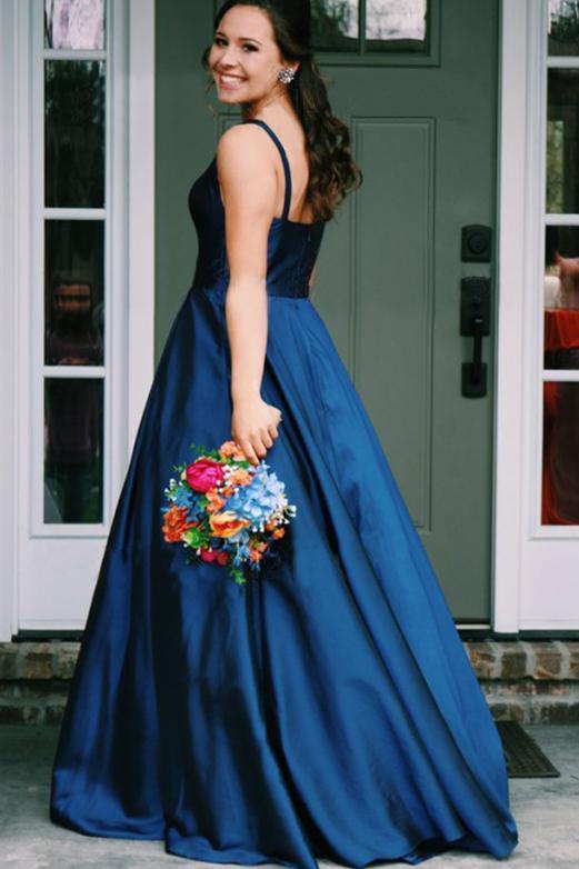 A Line Jewel Sleeveless Prom Dresses Long Cheap Navy Blue Satin Backless Evening Dresses WK483