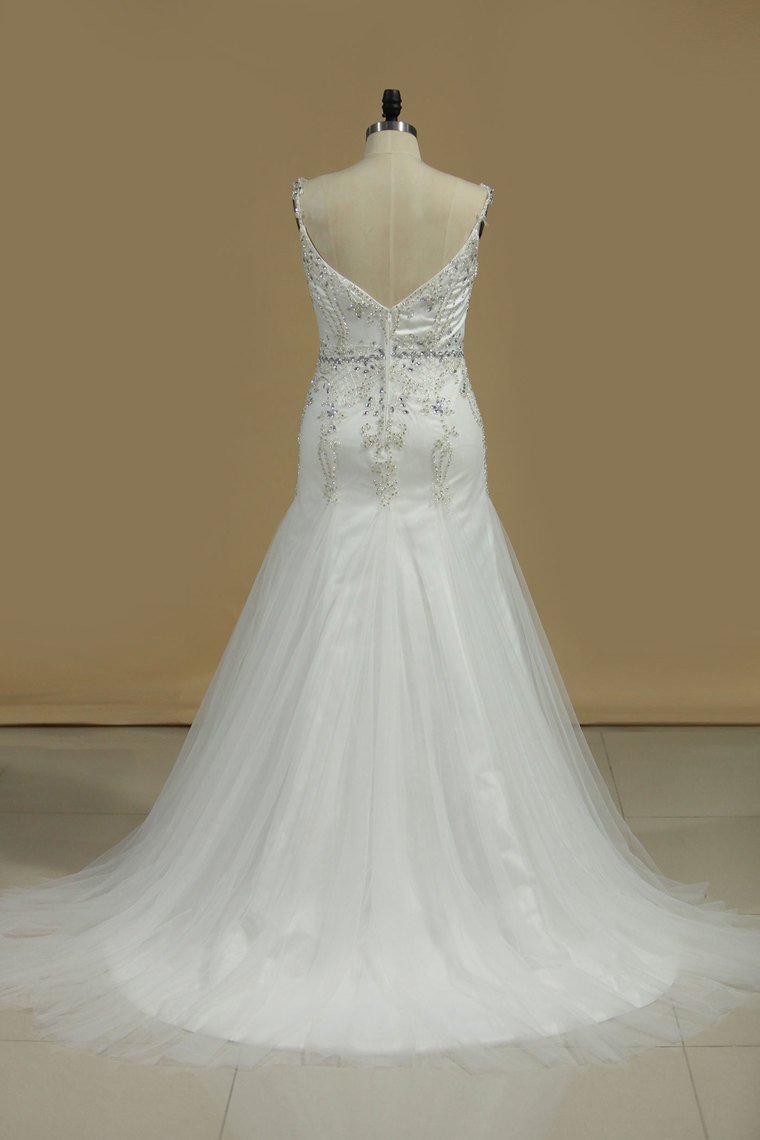 A Line Wedding Dresses Spaghetti Straps Beaded Bodice Tulle