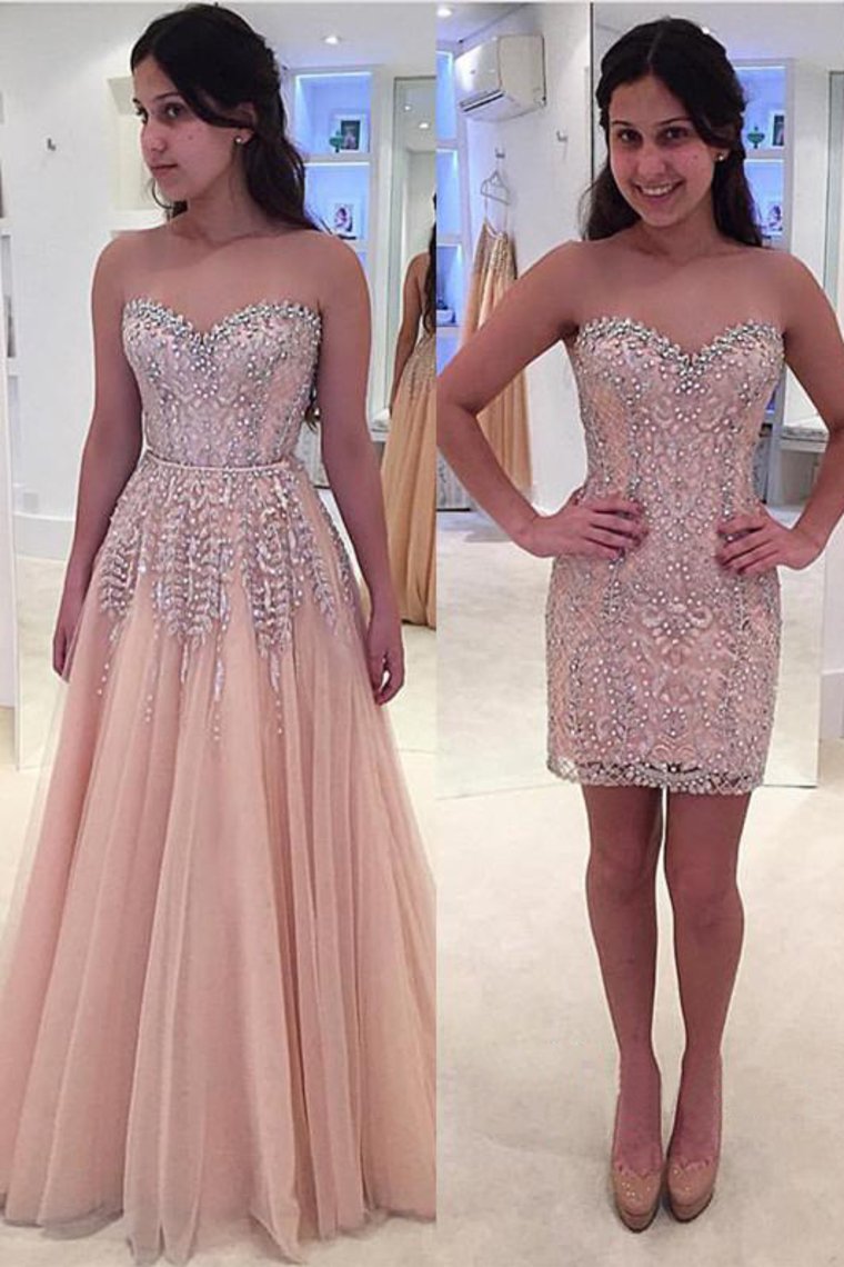 Sweetheart Beaded Bodice Tulle Prom Dresses Sweep Train Detachable