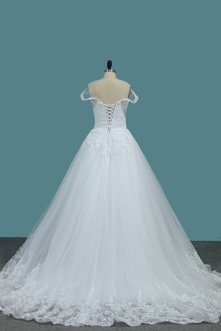A Line Tulle Off The Shoulder Wedding Dresses With Applique Sweep Train