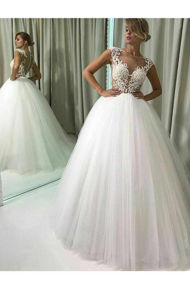 A Line Tulle Bateau With Applique Sweep Train Wedding Dresses