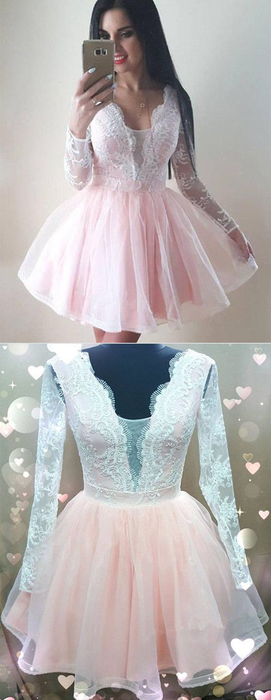 Chic V Neck Long Sleeve With Lace Appliques Homecoming Dresses
