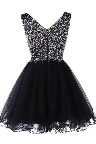 Sparkly Classy Short Sleeveless Cute V-Neck Beaded Tulle Crystals Homecoming Dresses WK772