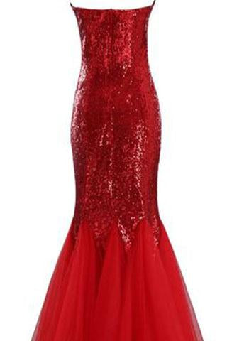 Largos Sparkly Mermaid Strapless Trumpet Fitted Tulle Sequin Long Prom Dresses WK139