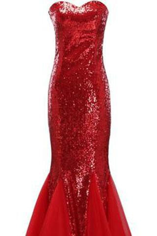 Largos Sparkly Mermaid Strapless Trumpet Fitted Tulle Sequin Long Prom Dresses WK139