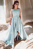 2022 A Line High-Low Prom Dresses Scoop Satin With Appliques Sweep Train