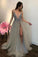 Pretty Deep V-Neck Long Beading Tulle A-Line Gray Prom Dresses