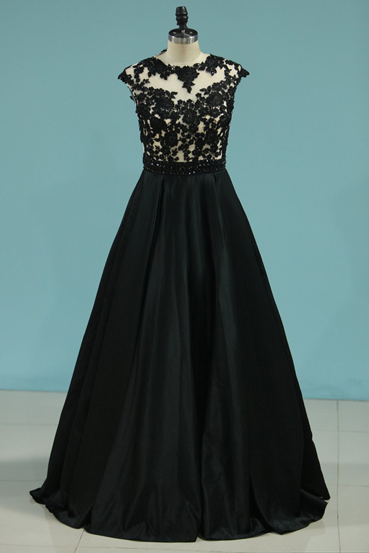 A Line Scoop Satin With Applique And Beads Prom Dresses