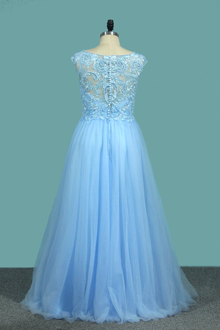 Tulle V Neck Prom Dresses A Line With Applique And Beads Floor Length