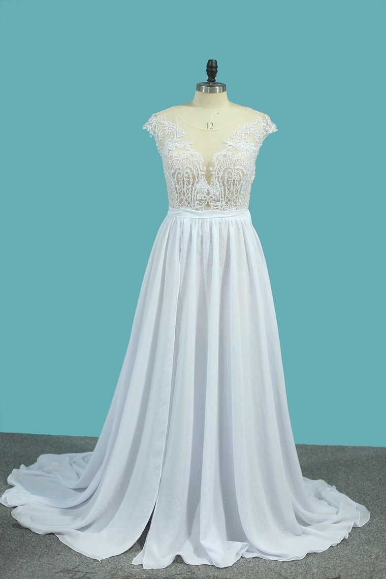 Chiffon A Line Scoop Wedding Dresses With Applique And Slit Sweep Train