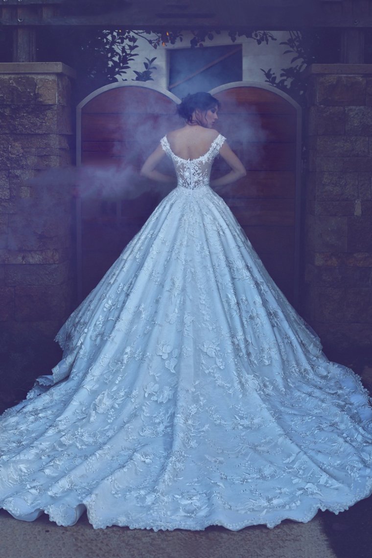 Lace A Line Off The Shoulder Wedding Dresses With Applique Chapel Train