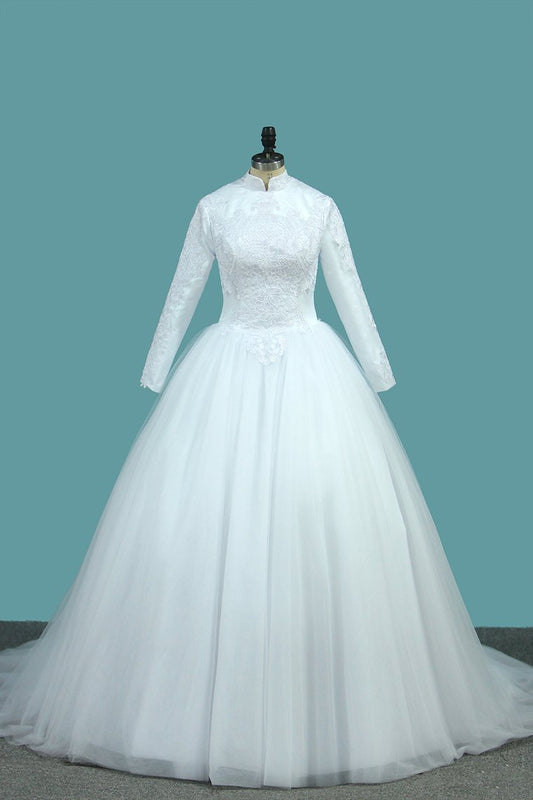 A Line Tulle Long Sleeves High Neck Wedding Dresses With Applique Sweep Train