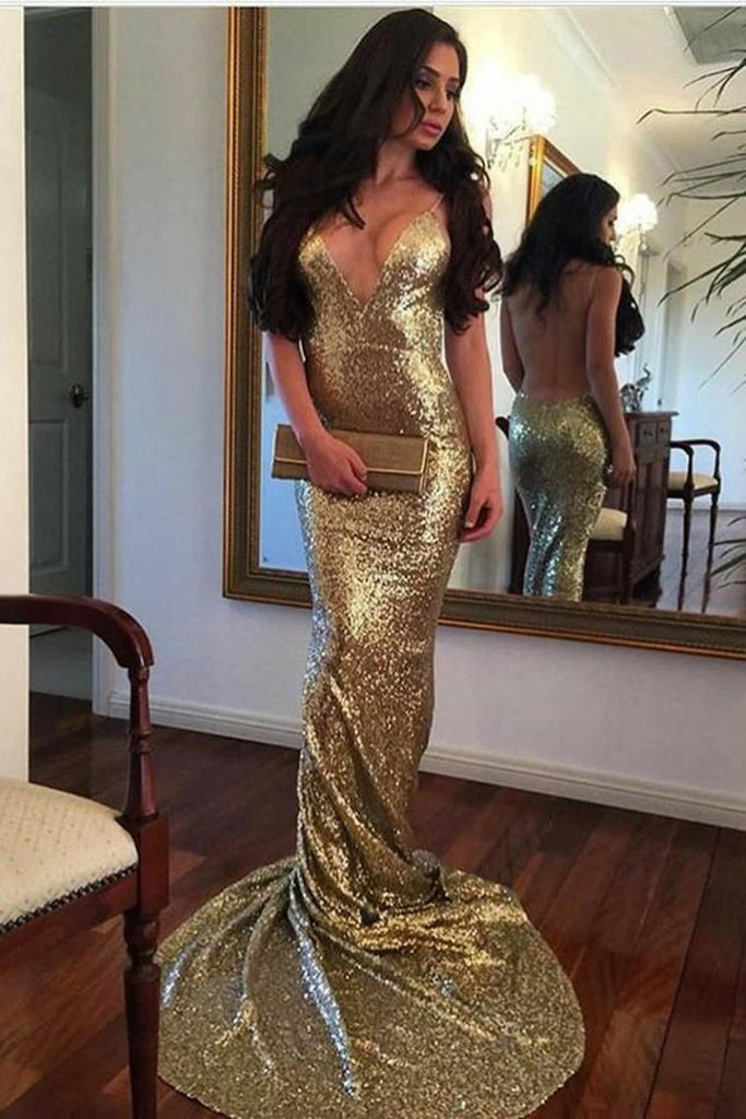 Sexy Spaghetti Straps OPen Back Sparkly Long Gold Prom Dresses