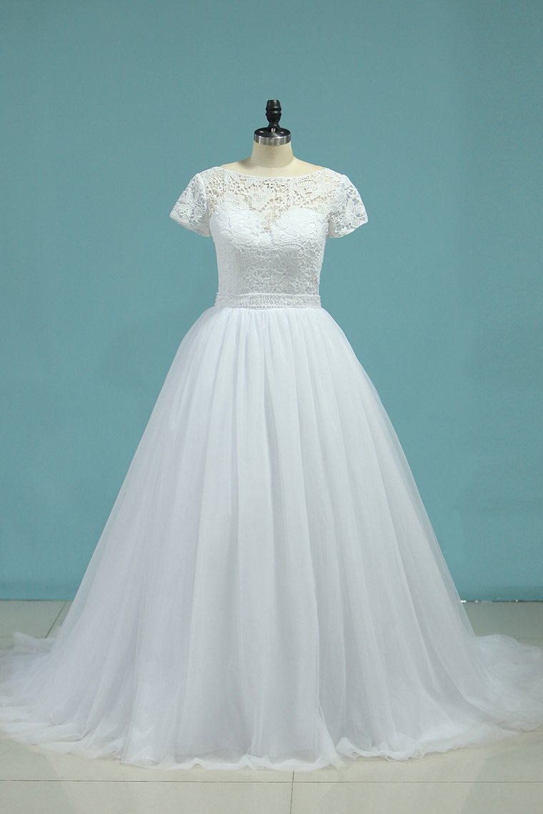 Bateau Wedding Dresses A-Line Tulle Cap Sleeves Zipper Back Court Train