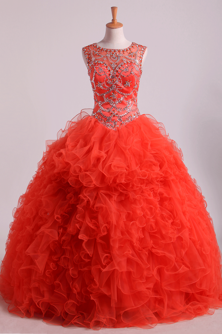 Scoop Quinceanera Dresses Tulle Ball Gown Floor Length With Beading