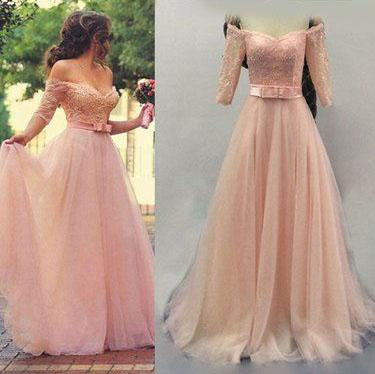 Off Shoulder Half Sleeves Pink Long Party Sweetheart Sash Bow Beads Pearls Prom Dresses WK720