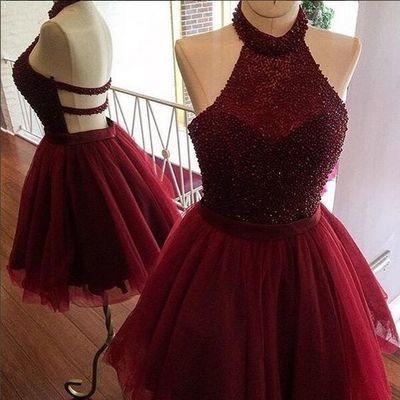 Burgundy A-line Halter Beading Backless Homecoming Dress WK539