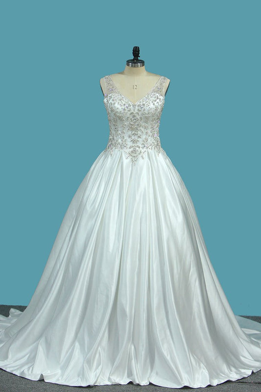 A Line Wedding Dresses Satin V Neck With Beading Sweep Train