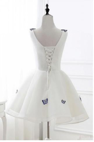 Cute V-Neck Ivory Chic Butterfly Organza Short Prom Dresses Homecoming Dresses WK563