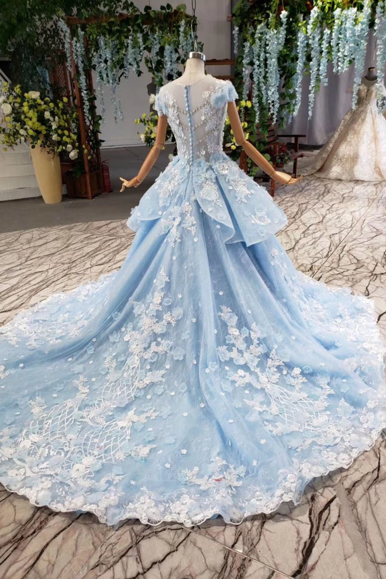 Light Sky Blue Gorgeous Prom Dress With Flowers, Ball Gown Quinceanera Dress With Beads