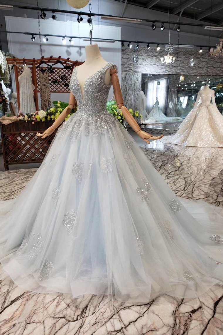 Wedding Dresses V Neck Lace Up Back Beads Prom Dress Tulle