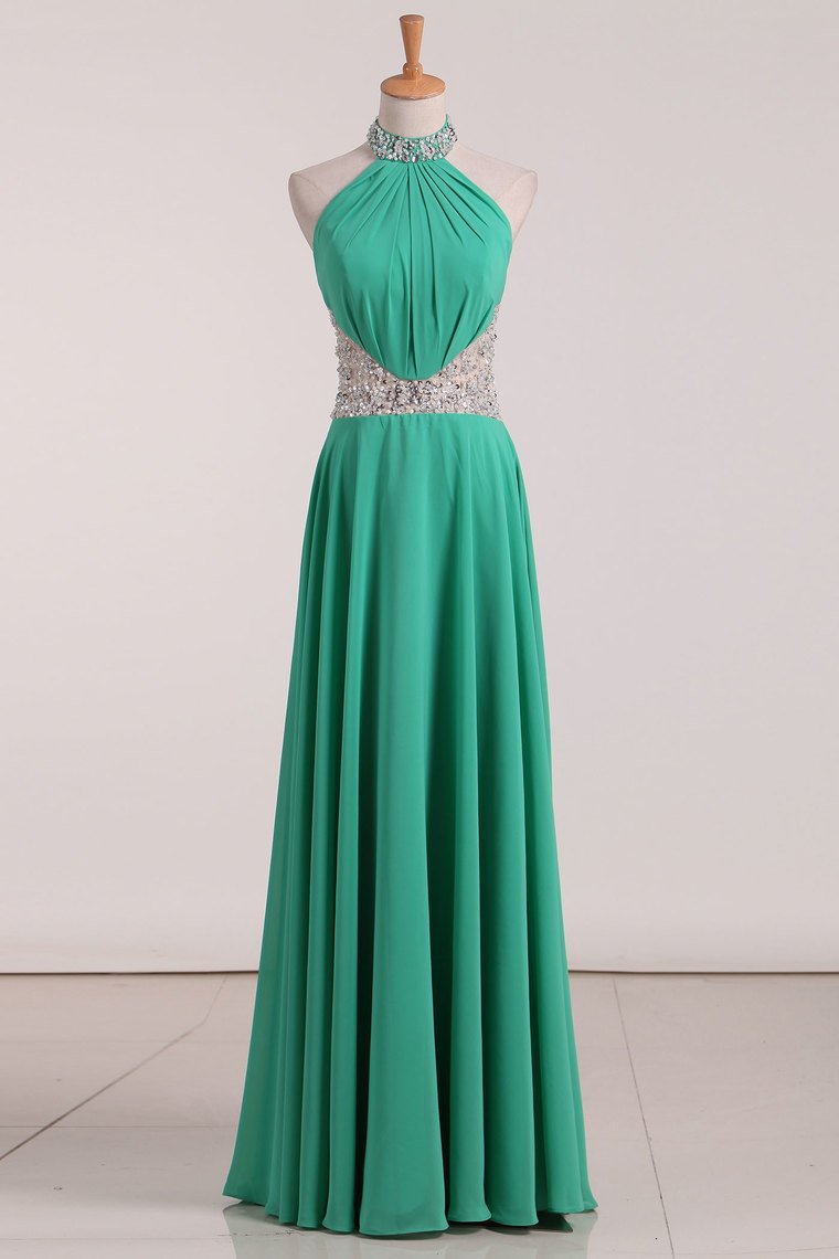 2024 A Line Halter With Beading Chiffon Sweep Train Prom Dresses