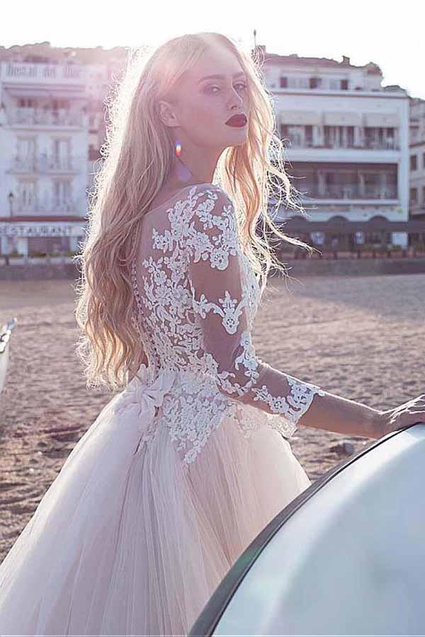 Tulle Scoop Neckline Pink A-line Lace Appliques Long Sleeves Bowknot Wedding Dresses WK311