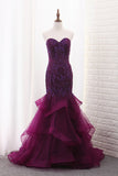 Sweetheart Mermaid Tulle Prom Dresses With Beading Sweep Train