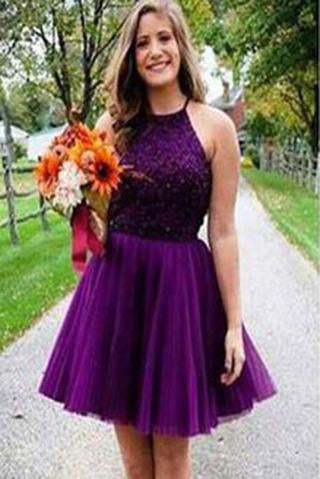 Purple Short Halter Neck Backless Beads Tulle Juniors Mini Sweet 16 Homecoming Dress WK433