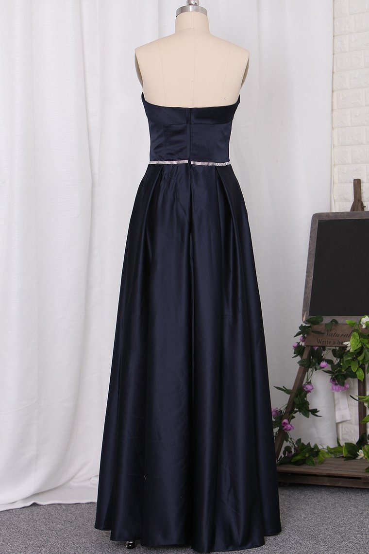 Strapless A Line Bridesmaid Dresses Satin With Beading Floor Length