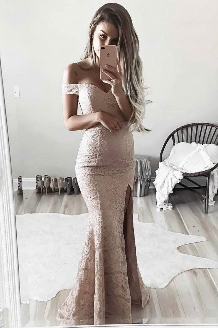 Off The Shoulder Mermaid Prom Dresses Lace With Slit Sweep Train
