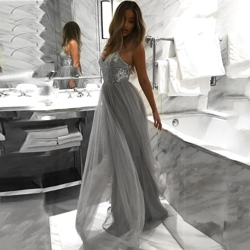 Flowy A Line Spaghetti Straps Grey Tulle Long Prom Dresses Cheap Dance Dresses SWK15228