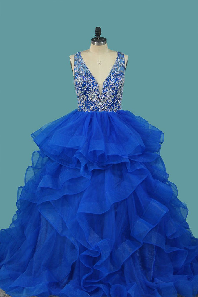 Tulle Quinceanera Dresses V Neck A Line With Beads Sweep Train