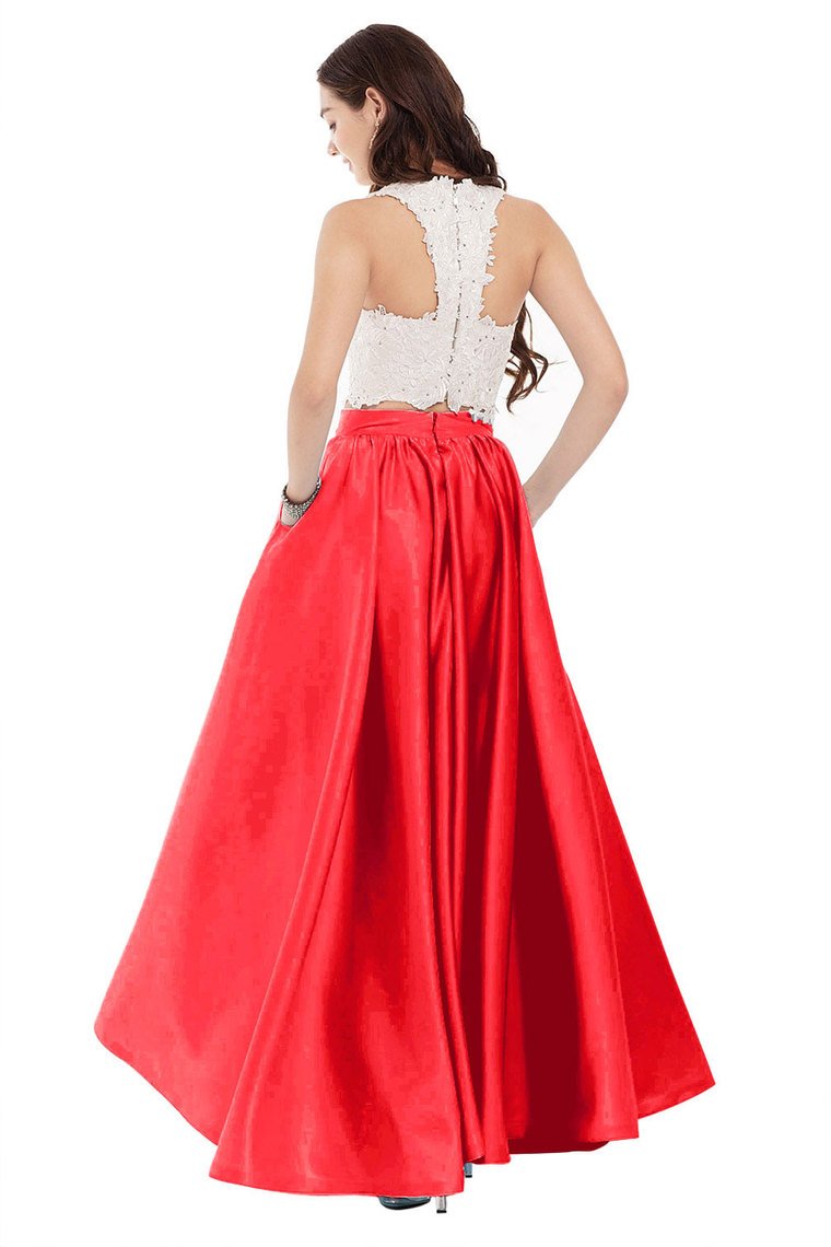 Two Pieces Prom Dresses Satin With Applique Floor Length